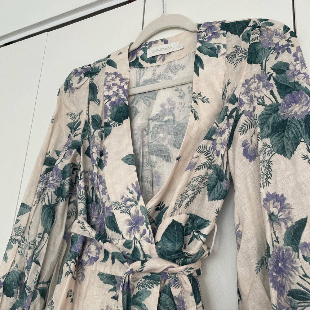 Zimmermann Floral Linen Wrap Mini Dress